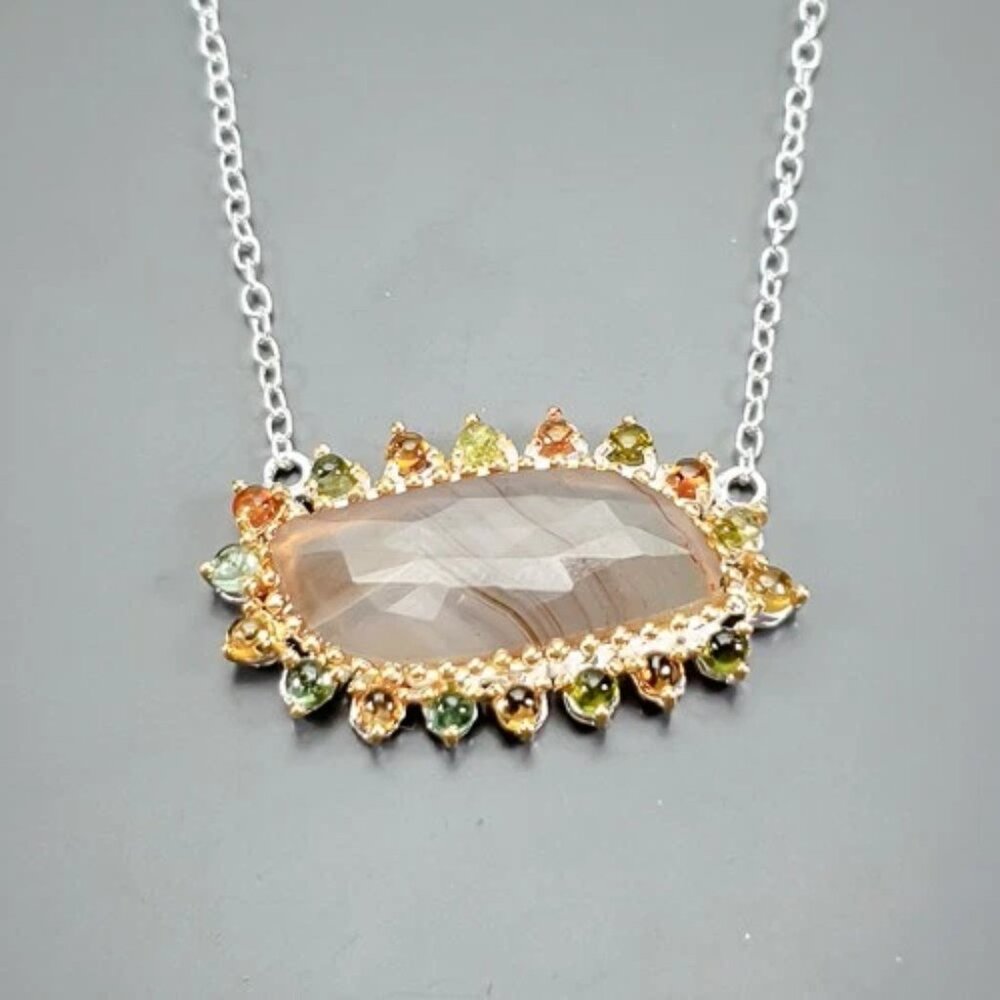 Necklace 14ct+ Natural African Agate with Multi Colored Sapphire Accents 925